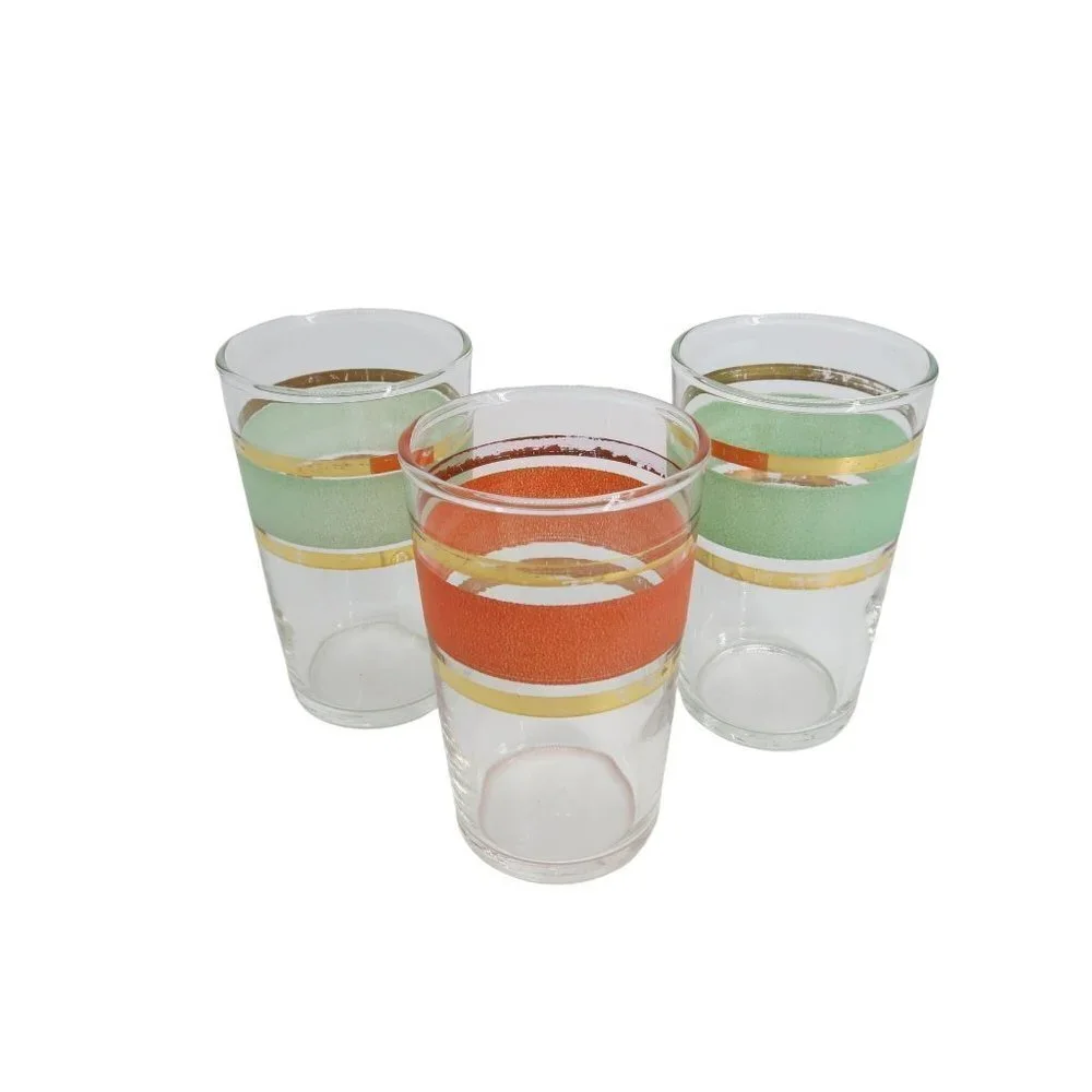 Vintage FEDERAL GLASS Set of 3 Midcentury Stripe Juice Glasses Orange Green Gold